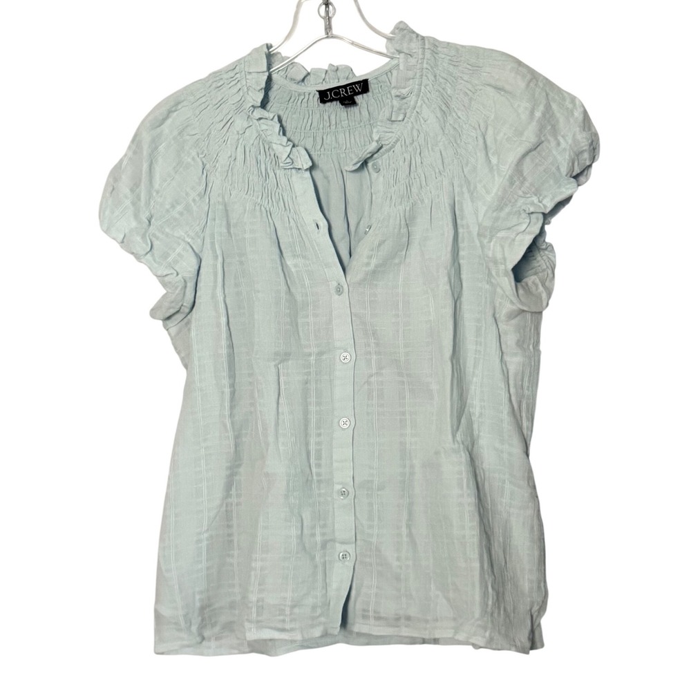 J. Crew Fresh Air Blue Smocked Neck Textured Gauze Short Sleeve Button Top Small